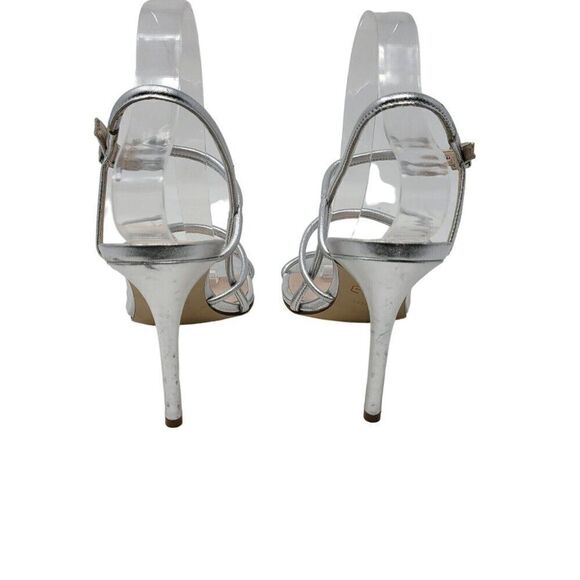 Nine West Metallic Silver Leather Formal Strappy Stiletto Heels 8 Glam NWMERICIA - Picture 9 of 14